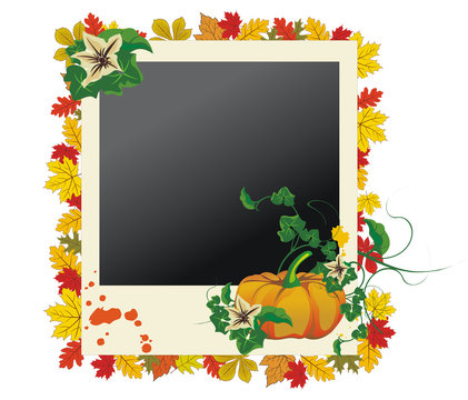 Autumn photo frame with leaves and pumpkin