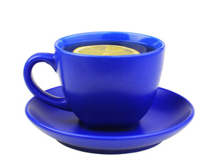 Blue cup of tea with lemon