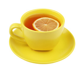 Yellow cup of tea with lemon