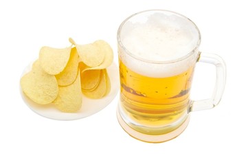 beer with chips isolated on white