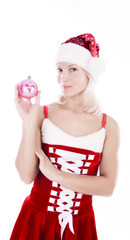 Cute blond santa holding Christmas toy
