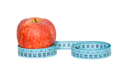 An apple with measuring tape isolated on white background