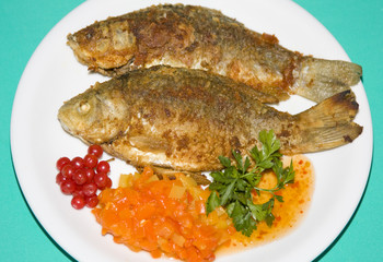 Fried fish in plate on a green background