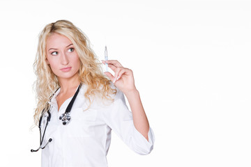 Portrait of a young female doctor holding an injector isolated