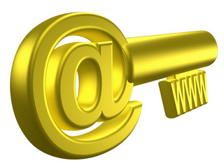 Rendered image of stylized gold key with internet signs