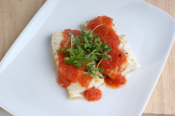 cooked cod loins with home made tomato sauce