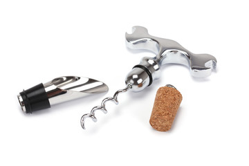 Corkscrew, funnel and wine cork