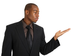 African american business man with hand raised into copyspace