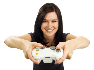 Smiling girl with cordless video game controller