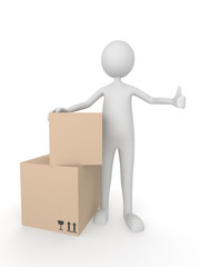 Man with cardboard boxes showing thumbs up