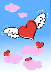 geflügeltes Herz mit rosa Wolken steigt in den blauen Himmel