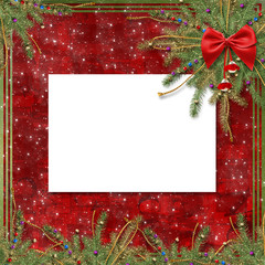 Fototapeta na wymiar Greeting card for the holiday, with a red ribbon and branches of