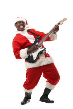 black santa claus playing electric guitar