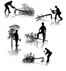 Isolated forestry workers with different tools