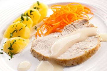 Grilled turkey fillet, boiled potatoes and vegetable salad