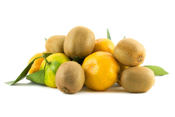 pile of tangerines and kiwi isolated on white