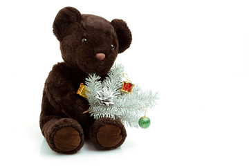 romantic teddy-bear wihs christmas-tree isolated on white