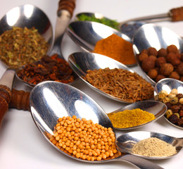 Collection of spices on wooden spoon isolated on white