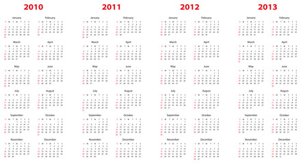 calendar for 2010 through 2013