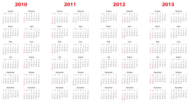 calendar for 2010 through 2013