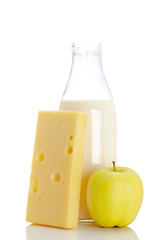 Cheese, apple and milk bottle