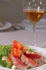 salmon,salad and white wine
