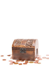 A wooden ancient chest full of money..