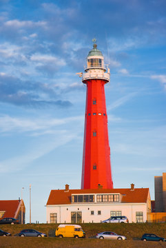 Red lighthouse in evening light