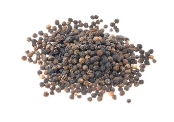 Close up of black peppercorns in isolated white background