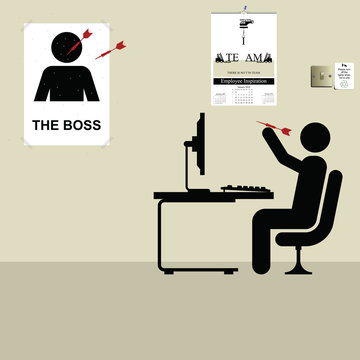 Employee throwing darts at a poster of the boss