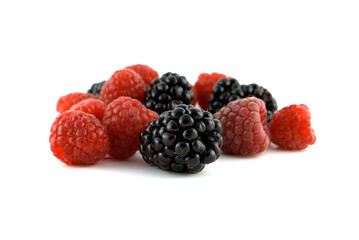 Blackberry and raspberry on white background