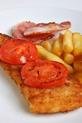 fish and chips with some organic tomato