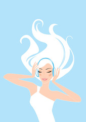 Girl listening music in headphones. Vector illustration.