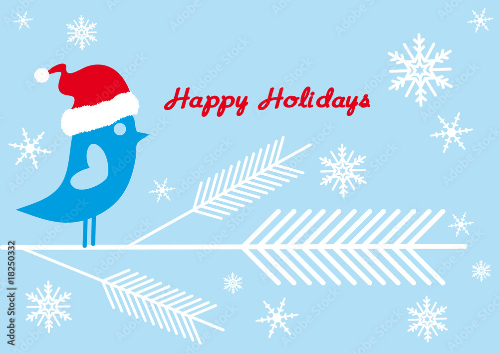 Canvas Prints santa bird on fir tree branch with snowflakes, vector