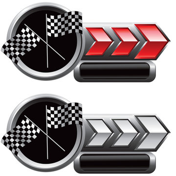 Racing flags on red and white arrow nameplate banners