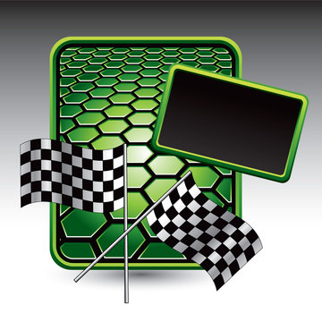 Racing flags on green hexagon advertisement