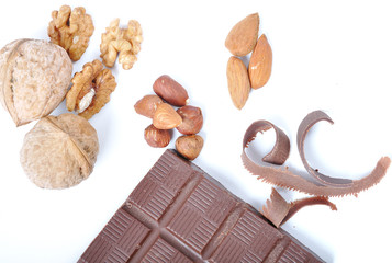 Chocolate, table, pieces, on white background