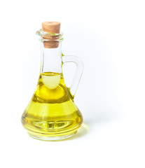 Olive or sunflower oil in glass bottle or container with cork is