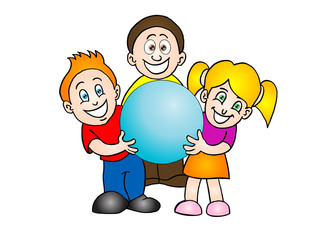 three kids holding blue sphere