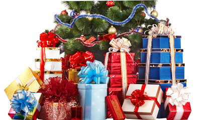 Christmas tree and group gift box. Isolated.