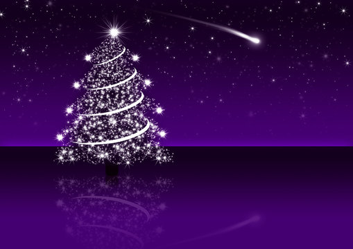 Nachthimmel mit Sternschnuppe und Weihnachtsbaum