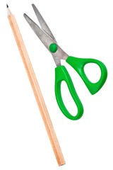 Children scissors and sharp pencil isolated on white