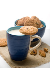 Bowl of cookies with mug of milk