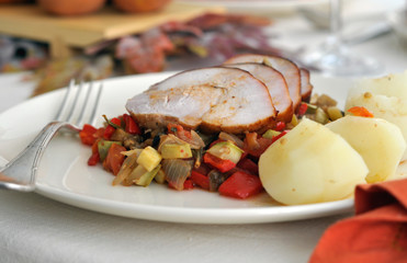 roast turkey breast with vegetables and potato