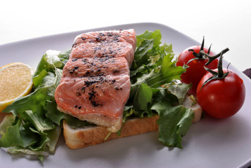 wild irish salmon fillet on toast with tomato