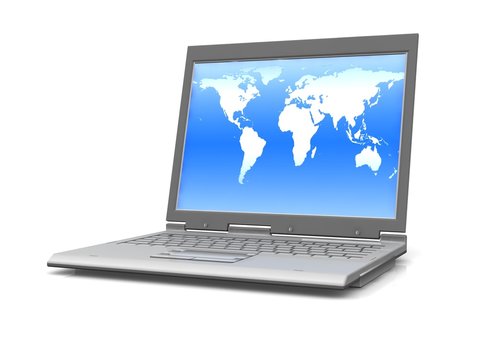professional Laptop isolated on white background with world map