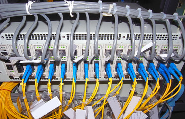Fototapeta premium closeup of network hub and cables