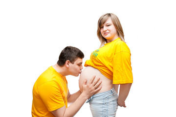 pregnant woman with husband isolated on white