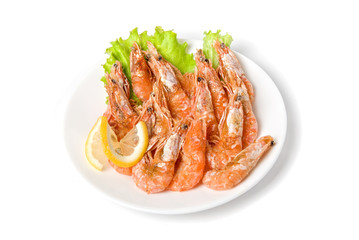 tasty shrimp with lemon and lettuce