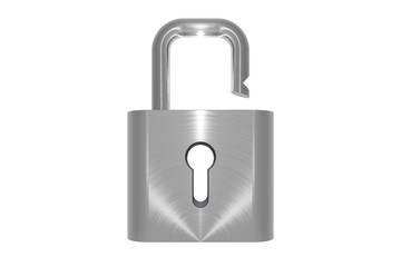 Metallic unlocked padlock object on white background
